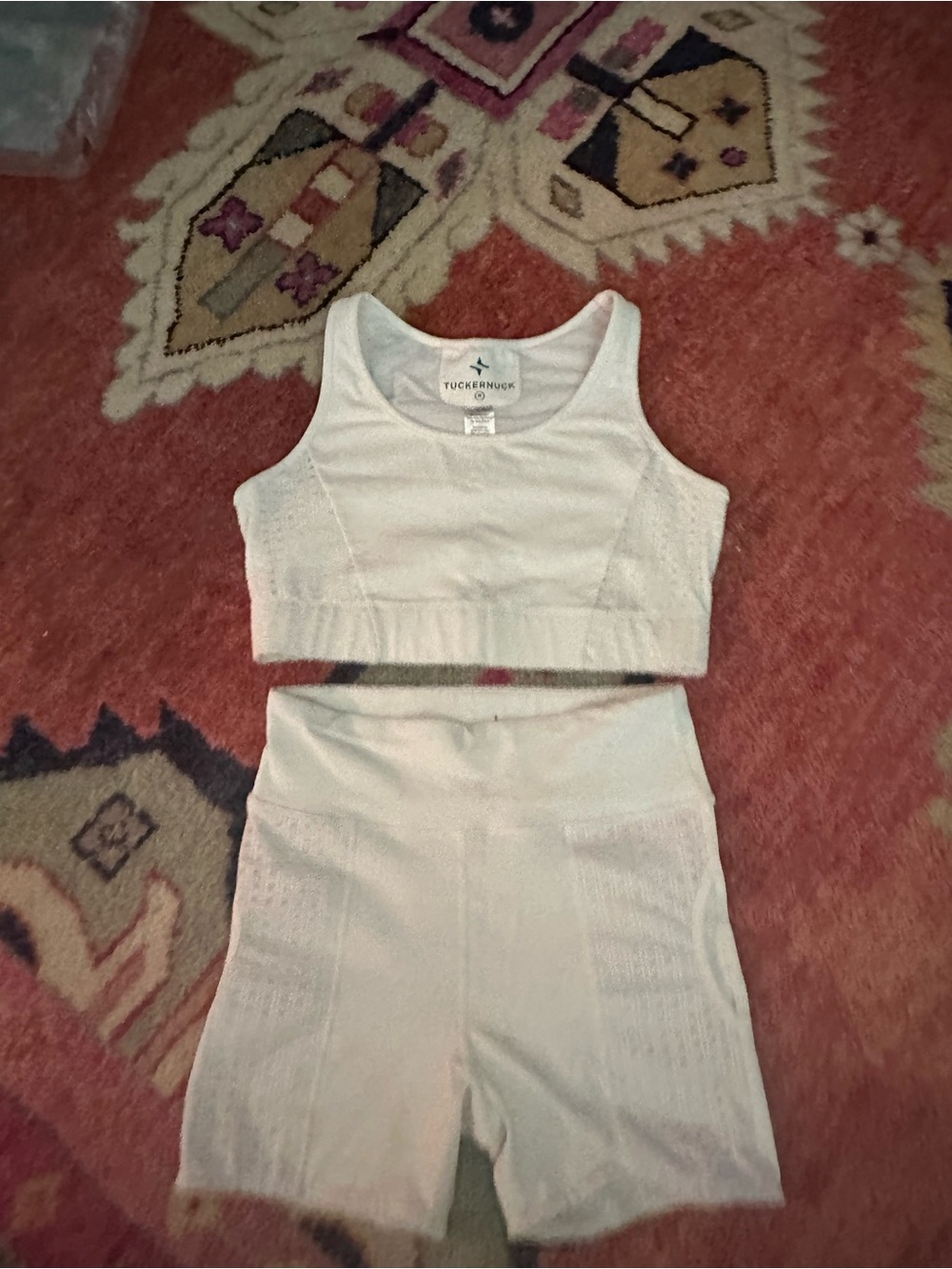 Tucker + Truce White Ribbed Sports Bra and High-Waist Bike Shorts Set